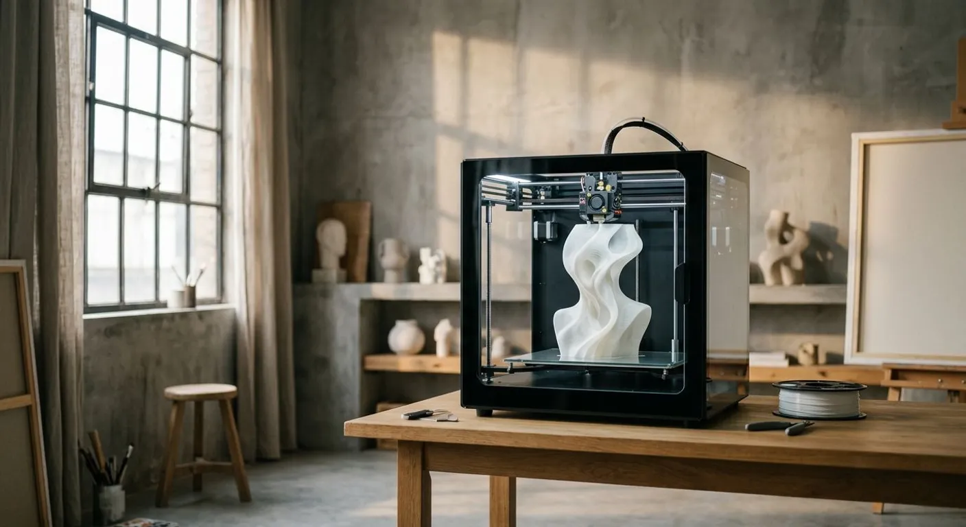 Sanat stüdyosunda 3D yazıcı ile katman katman üretilen beyaz soyut büst heykel.