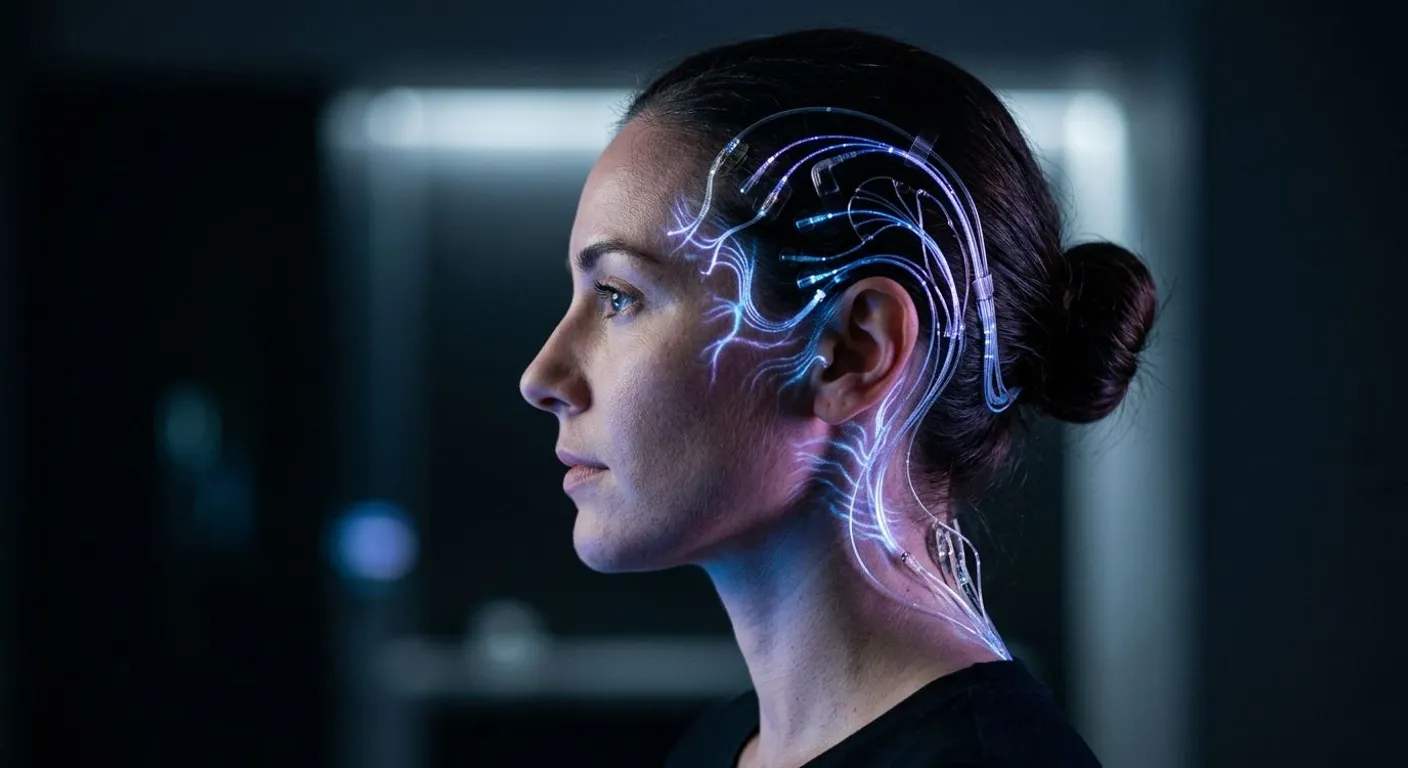 Profile of a human head illuminated with blue and purple neural light patterns and a BCI concept