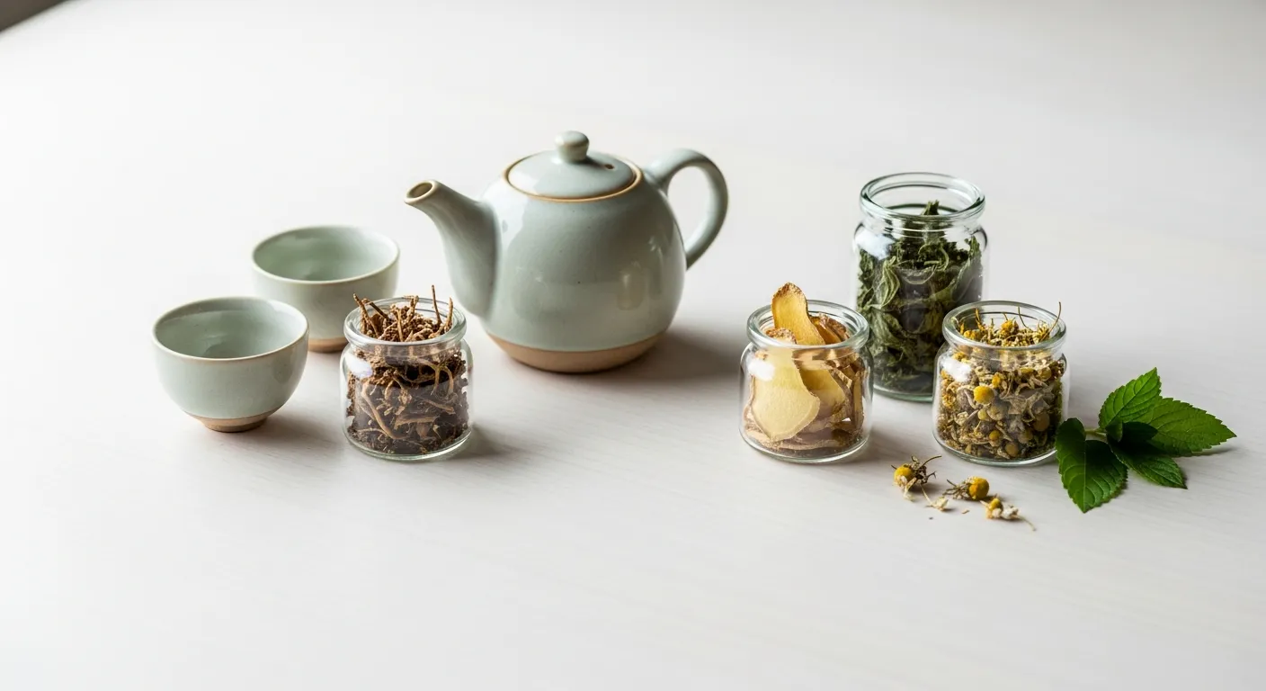 Elegant herbal tea set on a wooden surface, with dried herbs and fresh greens.