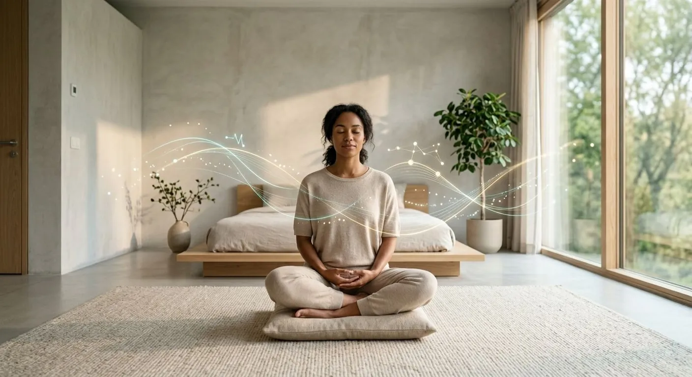 A person meditating in a minimalist room surrounded by biological data waves