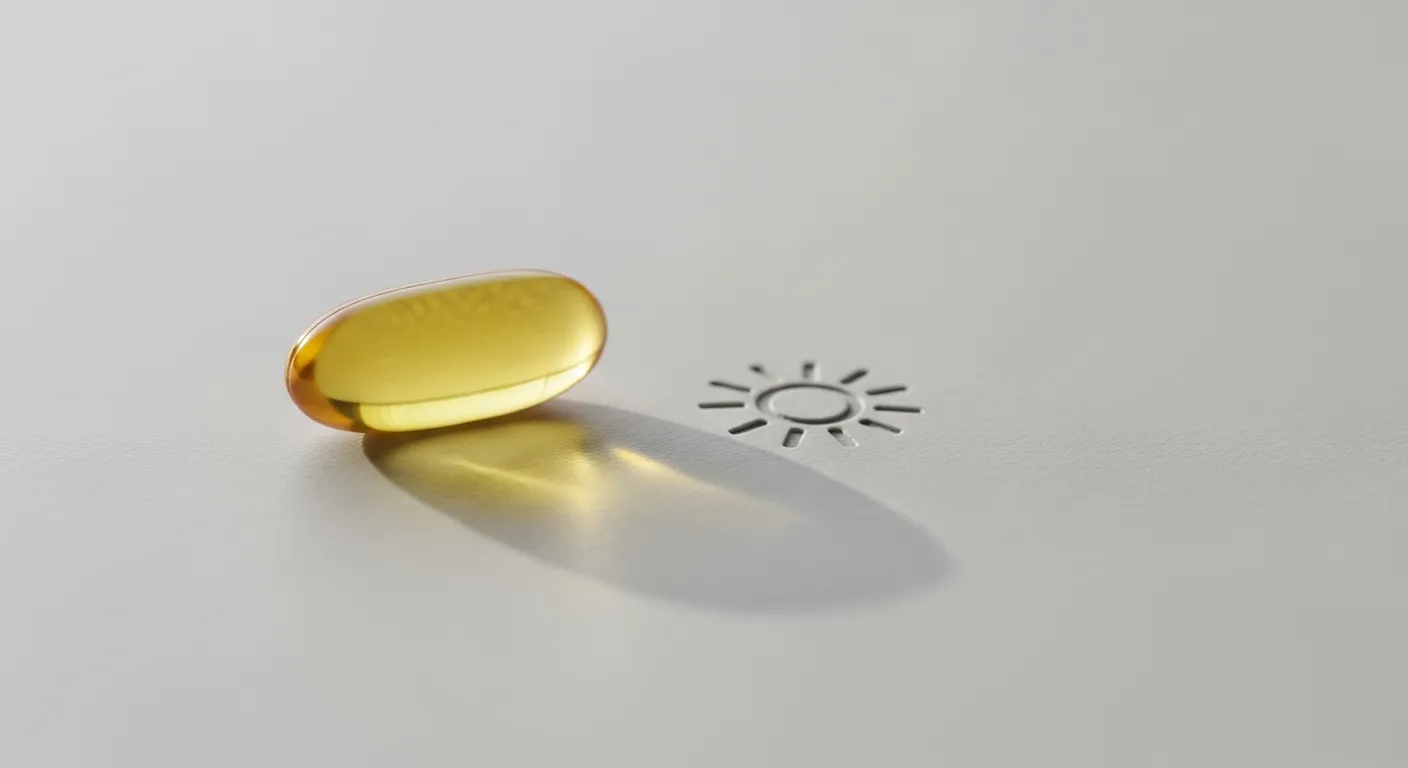 Parlak bir yüzeyde tek bir D vitamini kapsülü ve güneş simgesi.