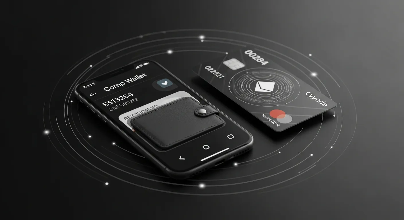 Akıllı telefon ekranında dijital cüzdan arayüzü ve modern bir kripto banka kartı.
