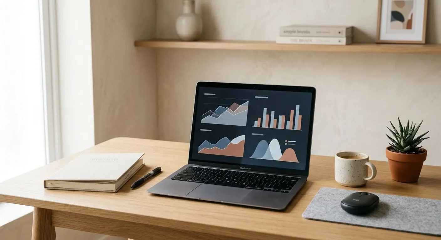 Ahşap masa üzerinde laptop, not defteri ve kahve fincanı içeren minimalist çalışma ortamı