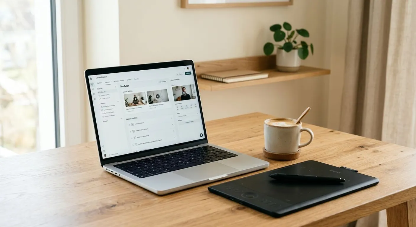 Dijital ürün tasarımı ve online kurs hazırlığı yapılan minimalist bir çalışma masası ve laptop.