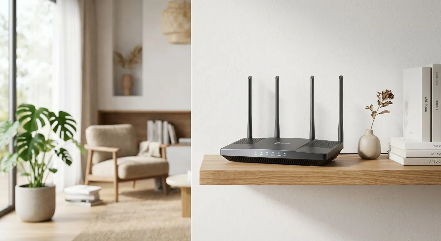 Aydınlık bir odada ahşap raf üzerinde duran modern bir kablosuz router cihazı