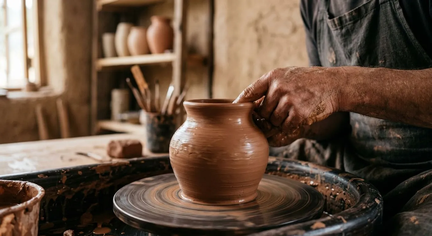 Çömlekçi çarkında elle şekillendirilen ham toprak rengi seramik vazo
