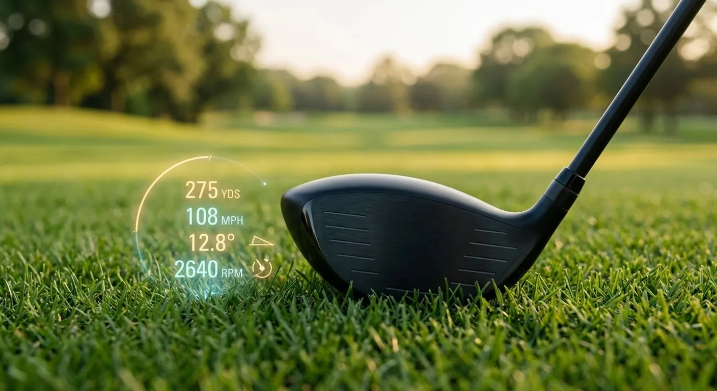 Golf sahasında çimler üzerinde teknolojik sensör takılı modern bir golf sopası detayı