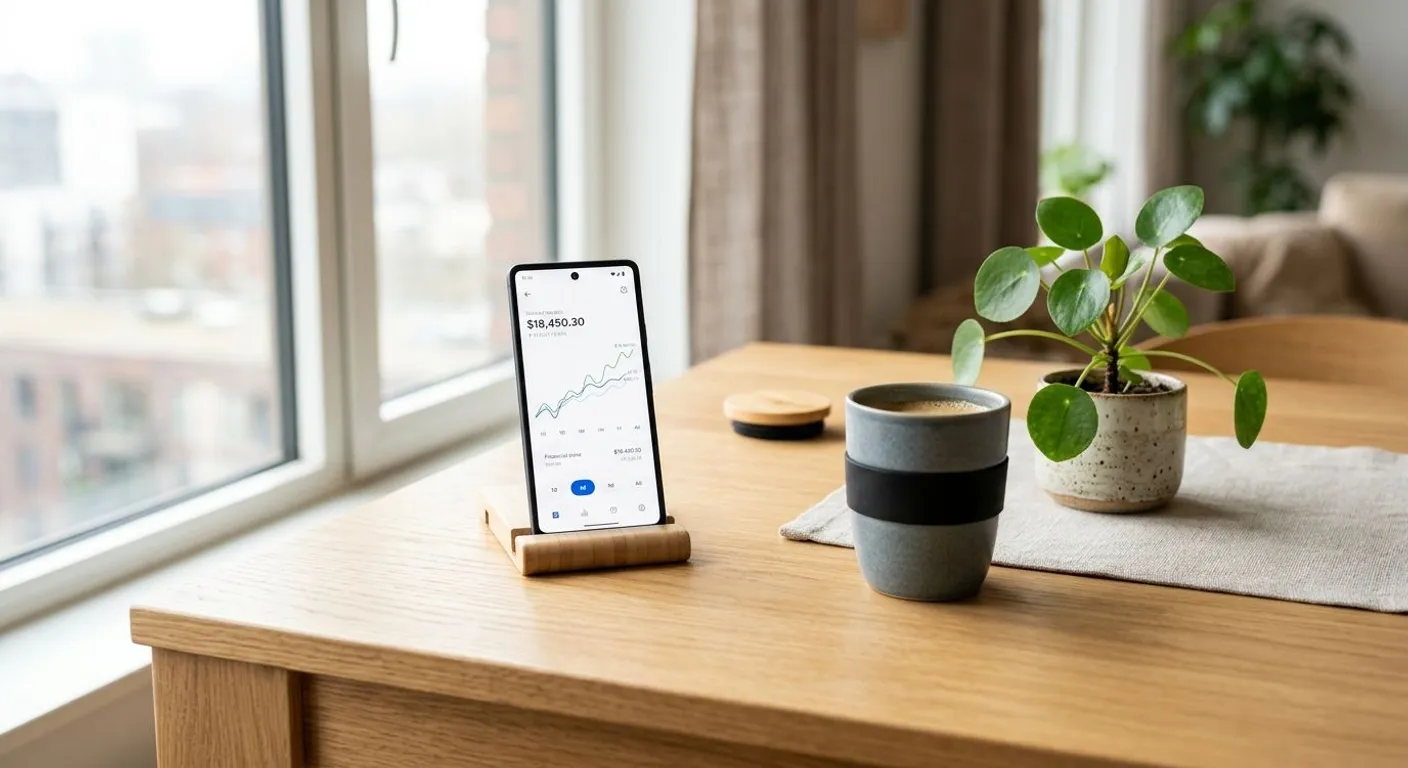 Ahşap masa üzerinde bütçe takip uygulaması açık telefon ve kahve bardağı