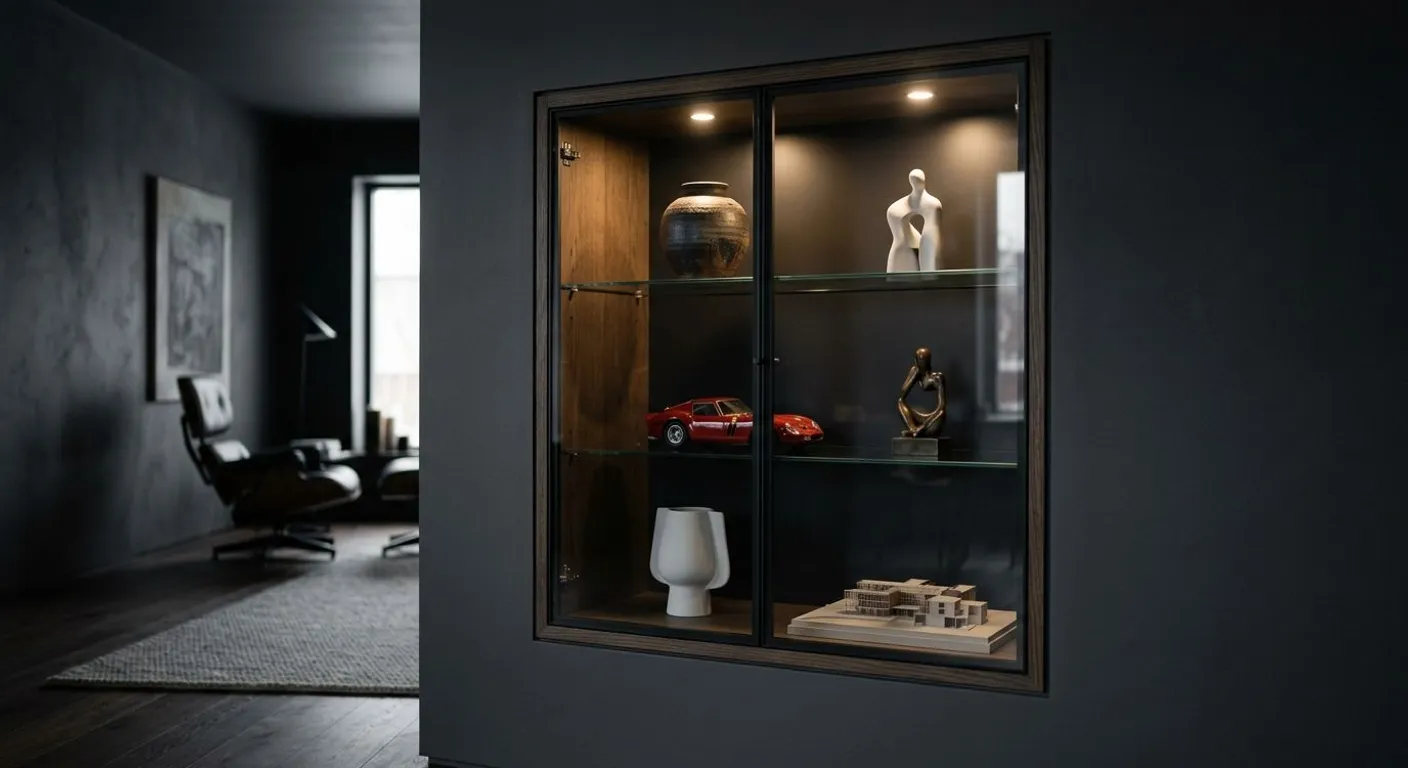 Modern ve minimalist tasarımlı, özel aydınlatmalı ahşap ve cam koleksiyon vitrini