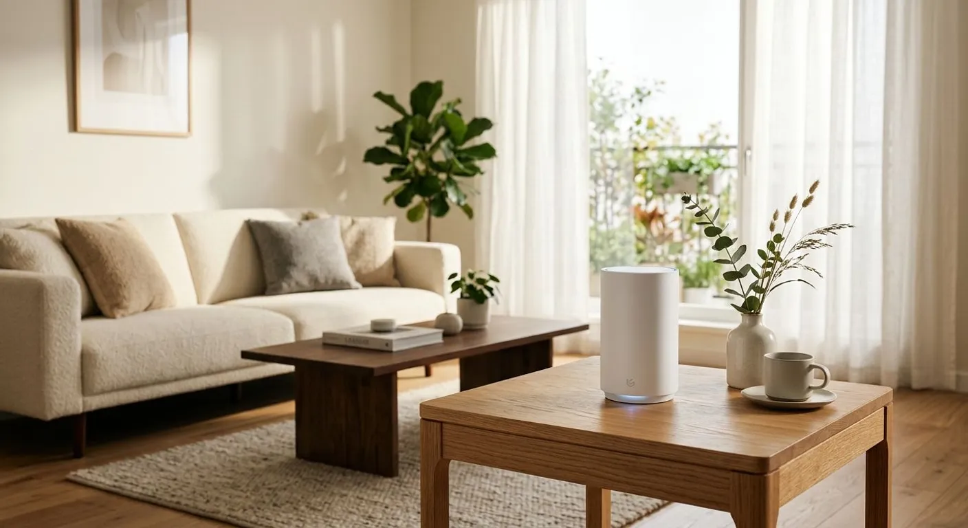 Ahşap sehpa üzerinde duran şık ve minimalist beyaz renkte bir Mesh Wi-Fi düğümü cihazı