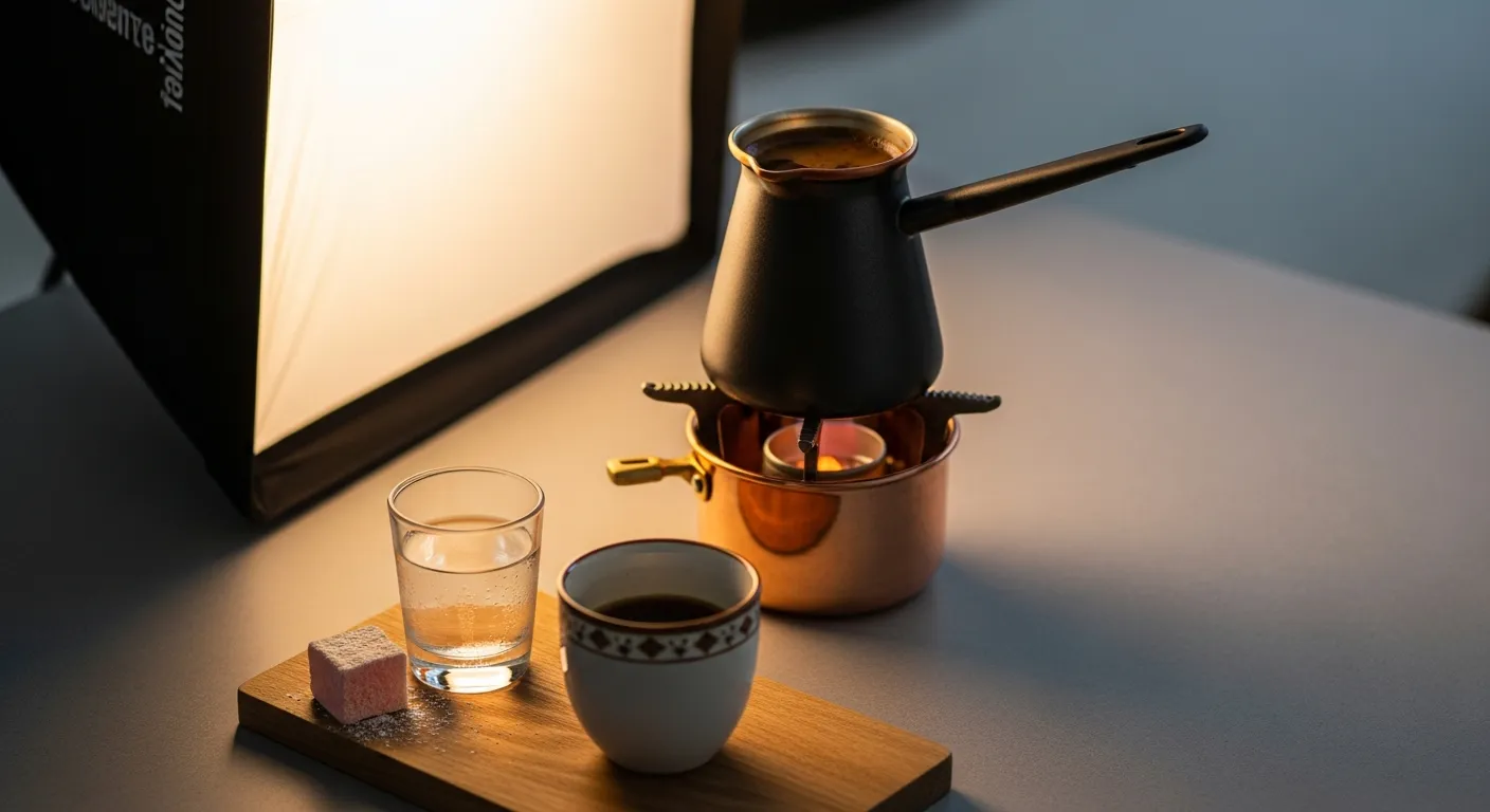 Modern ve minimalist bir Osmanlı kahve sunumu: cezve, fincan, su ve lokum.