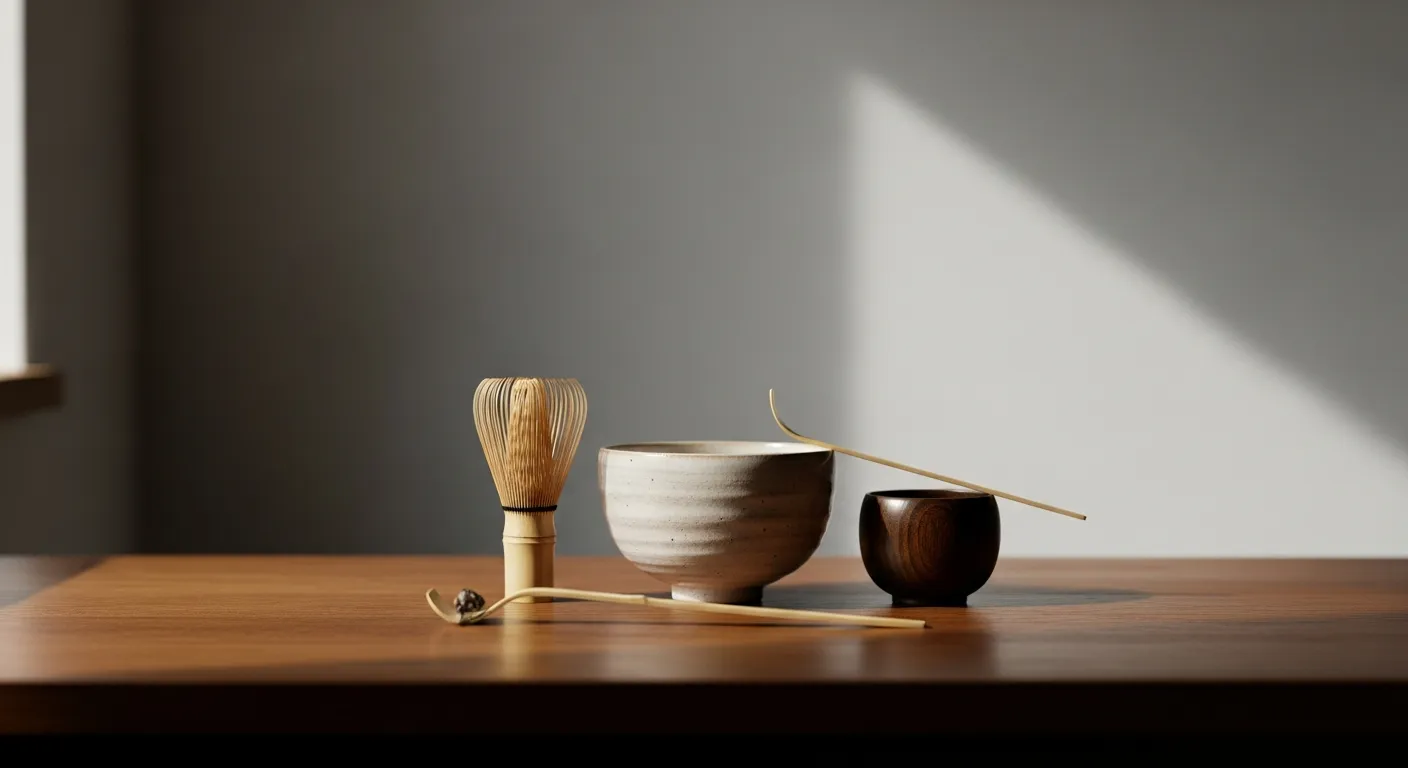 Ahşap yüzeyde minimalist Japon çay seremonisi seti: chawan, chasen, chashaku.