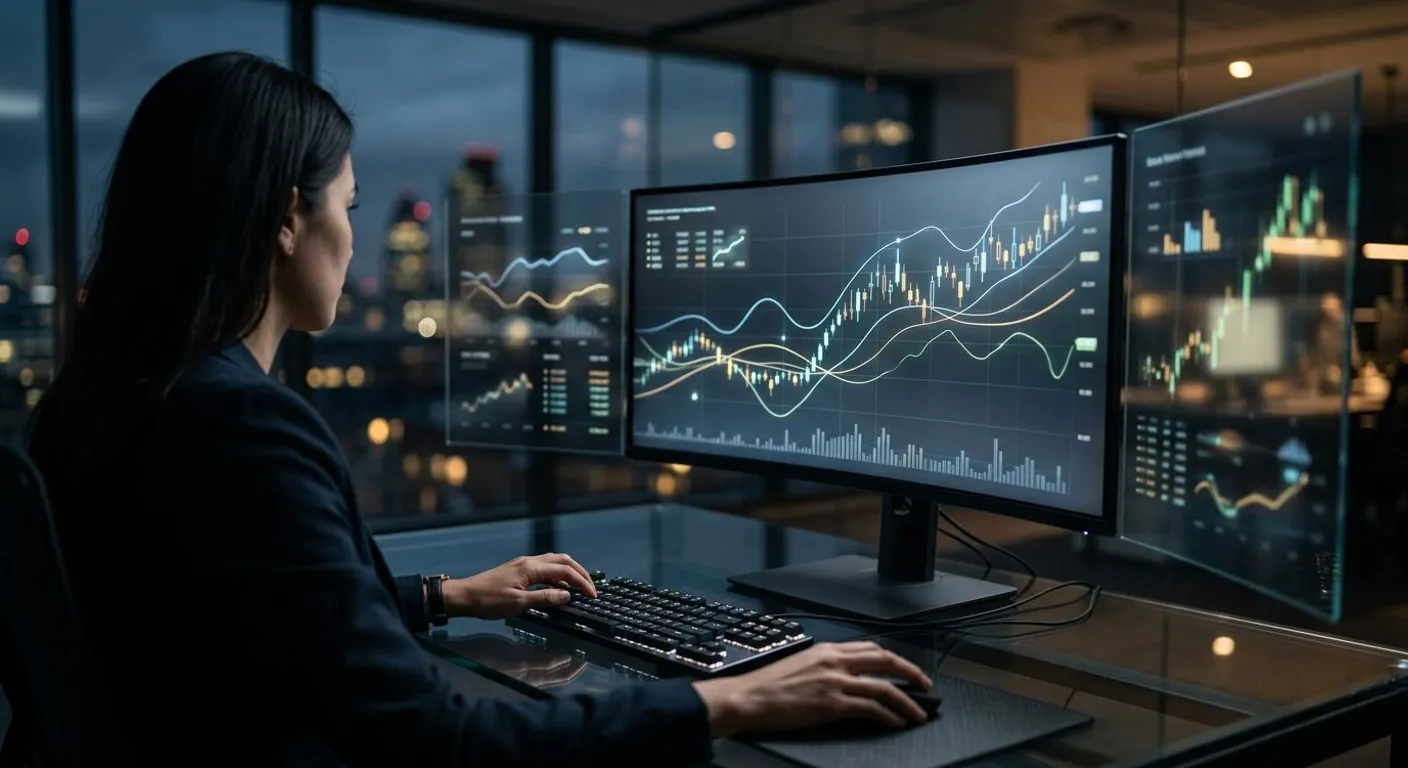 Karanlık bir ortamda cam ekranda sergilenen yüksek teknolojili borsa grafik ve veri analiz arayüzü