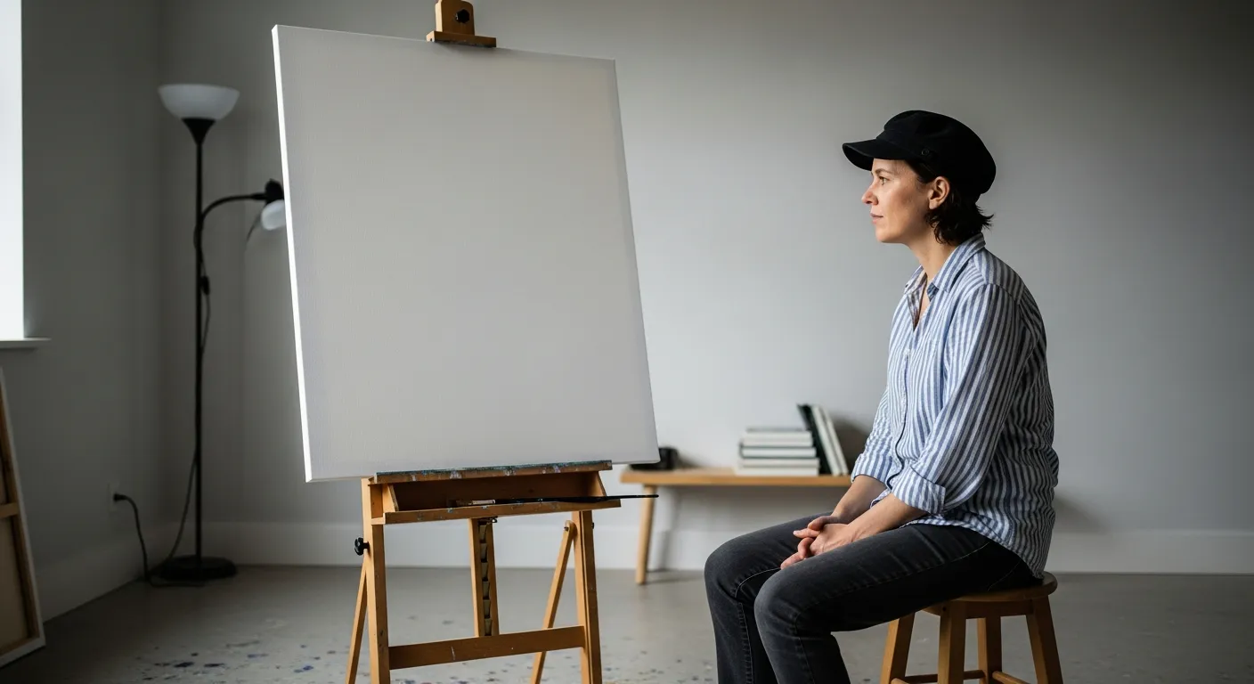 Sanat atölyesinde boş tuval önünde düşünen bir sanatçı