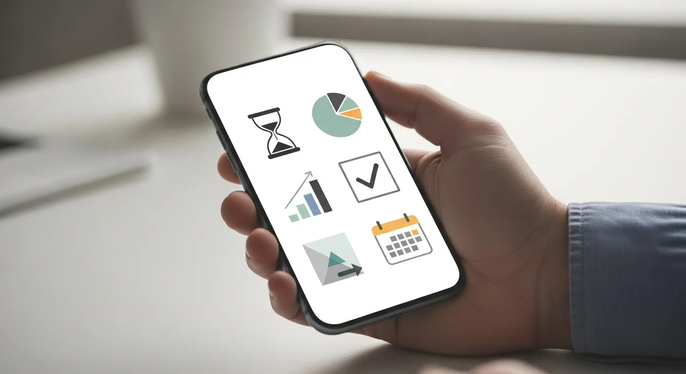 Bir elin akıllı telefon tuttuğu, ekranında zaman yönetimi uygulama simgelerinin olduğu temiz bir masaüstü.