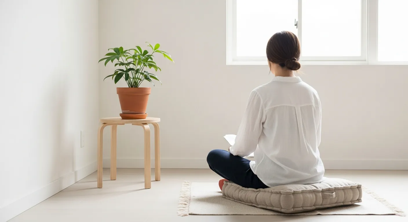 Minimalist odada huzurlu oturan kişi, sakin ve dingin bir atmosfer.